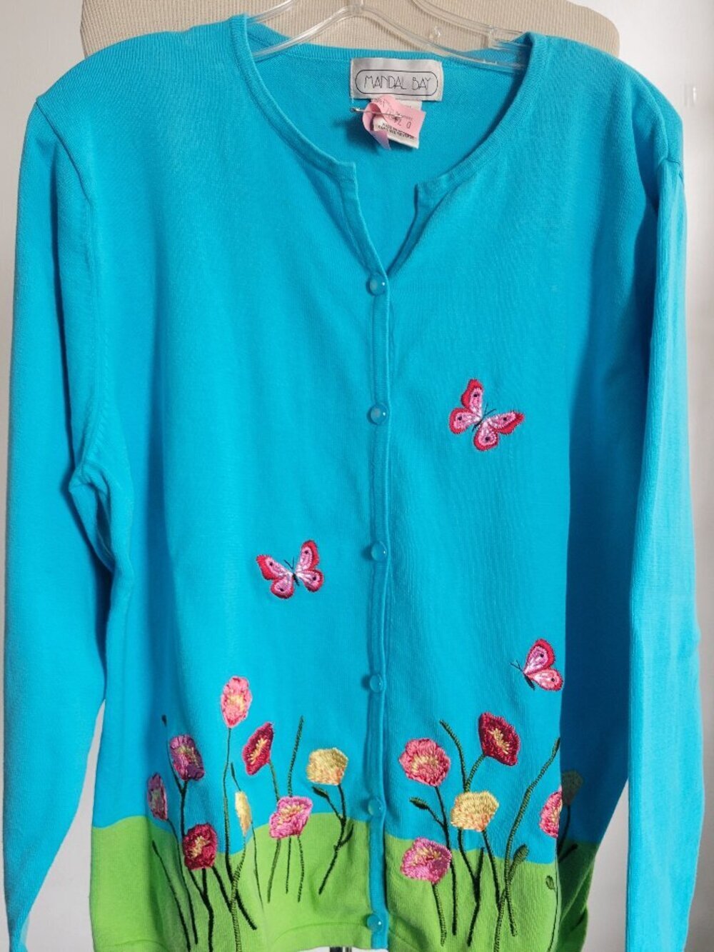 Mandal Bay Blue Cardigan with Embroidery Butterflies Flowers Spring